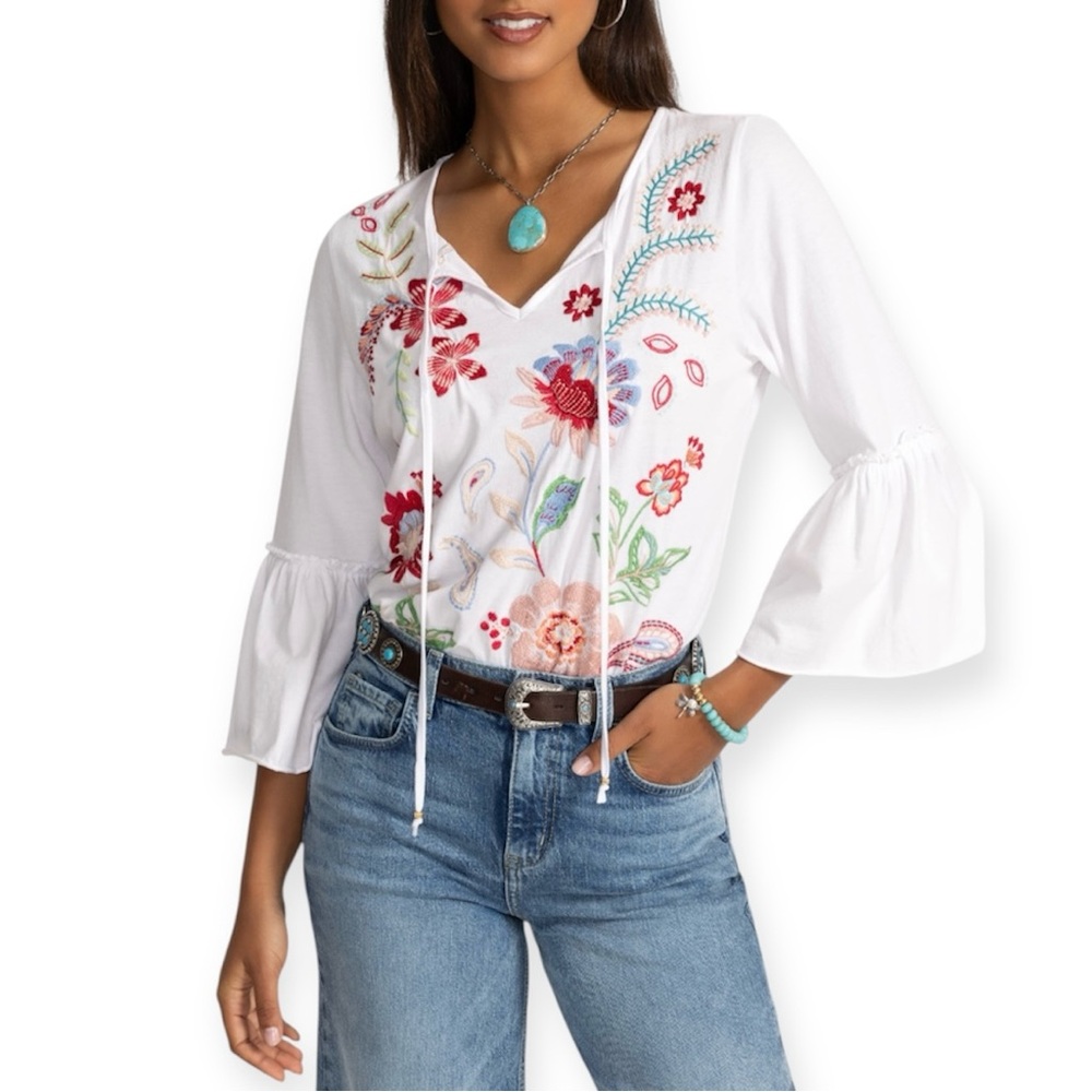 JOHNNY WAS Freyde Tee Bell Sleeve Floral  Embroidery Ruffle Sleeve White Top NWT